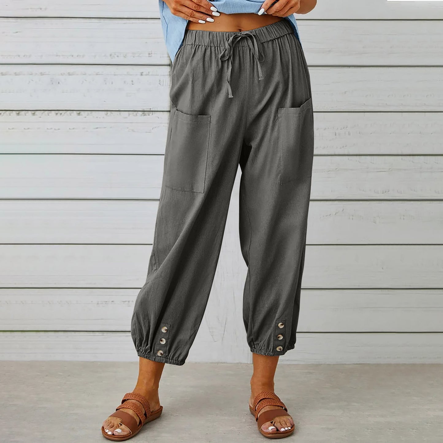 Elegant Women Drawstring Tie Pants Spring Summer Cotton And Linen Trousers Dark Gray 4XL