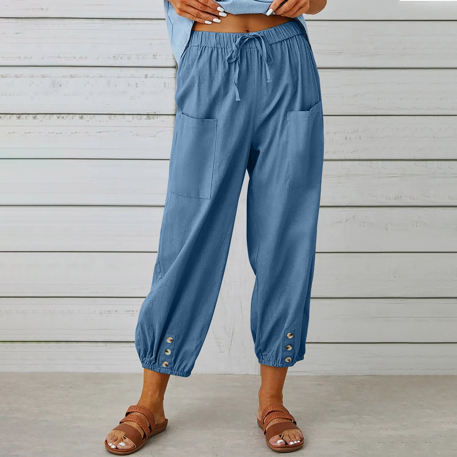 Elegant Women Drawstring Tie Pants Spring Summer Cotton And Linen Trousers Denim Blue 4XL