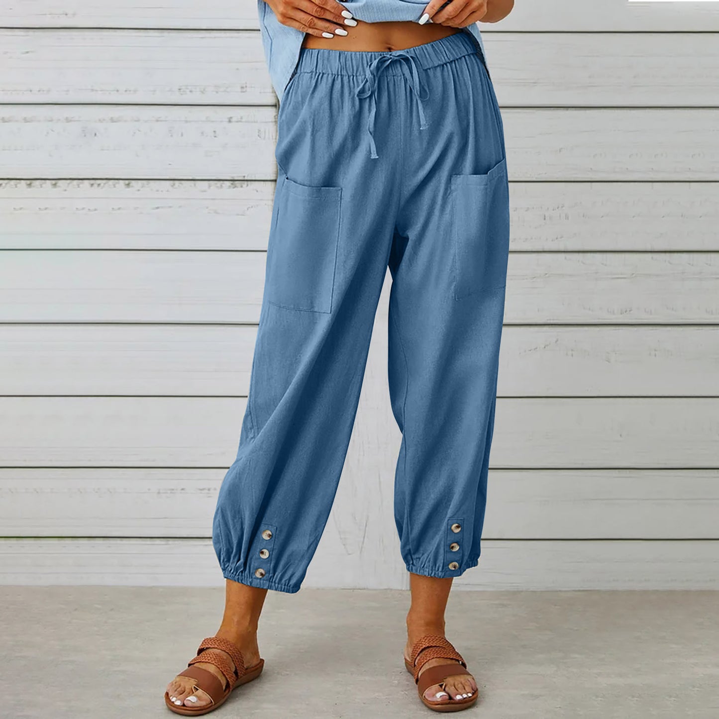 Elegant Women Drawstring Tie Pants Spring Summer Cotton And Linen Trousers Denim Blue S