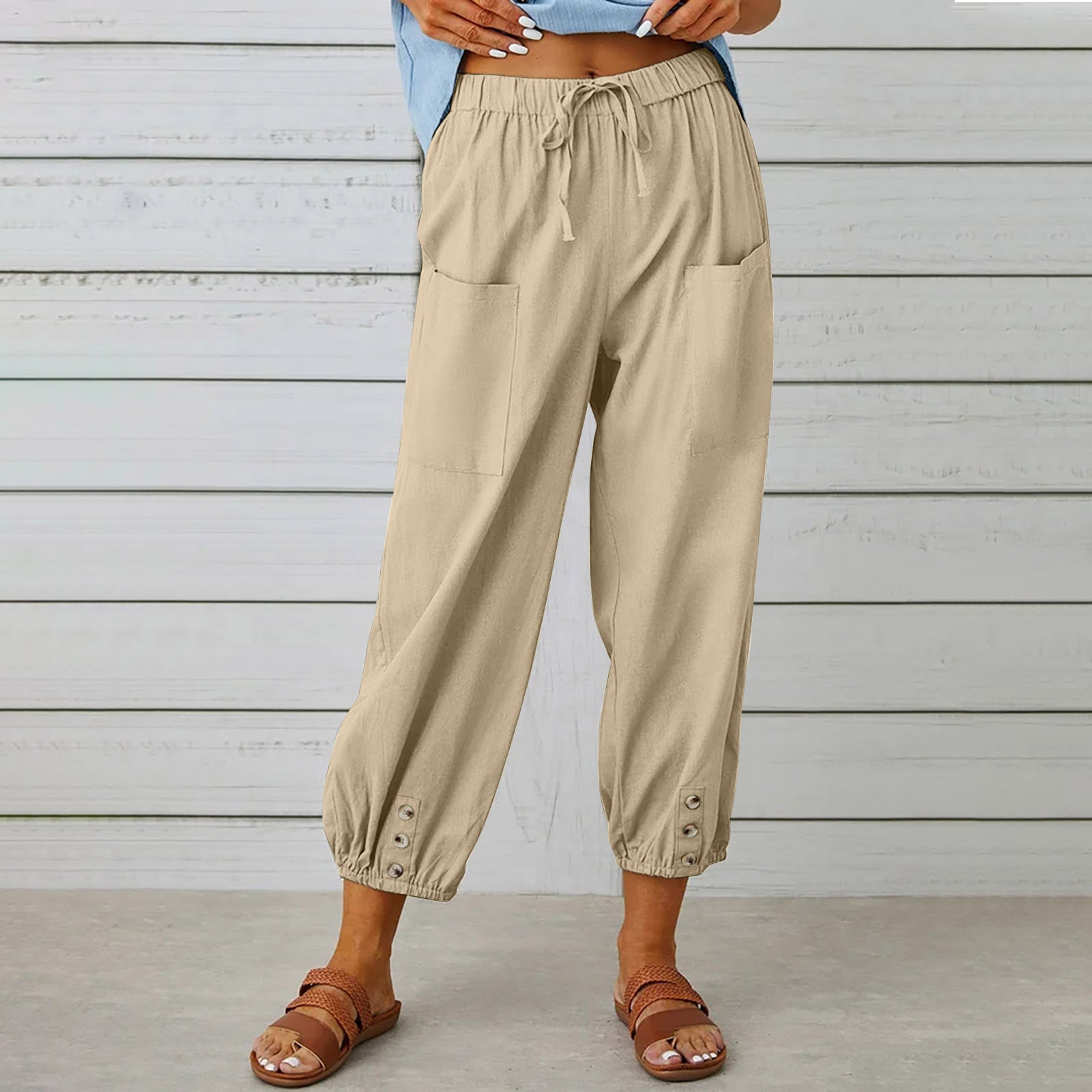 Elegant Women Drawstring Tie Pants Spring Summer Cotton And Linen Trousers Khaki 4XL