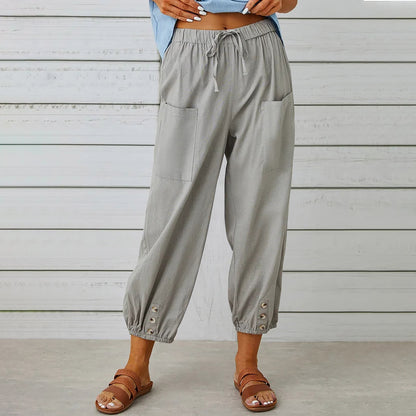 Elegant Women Drawstring Tie Pants Spring Summer Cotton And Linen Trousers Light gray 4XL