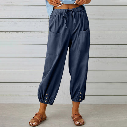 Elegant Women Drawstring Tie Pants Spring Summer Cotton And Linen Trousers Navy Blue L