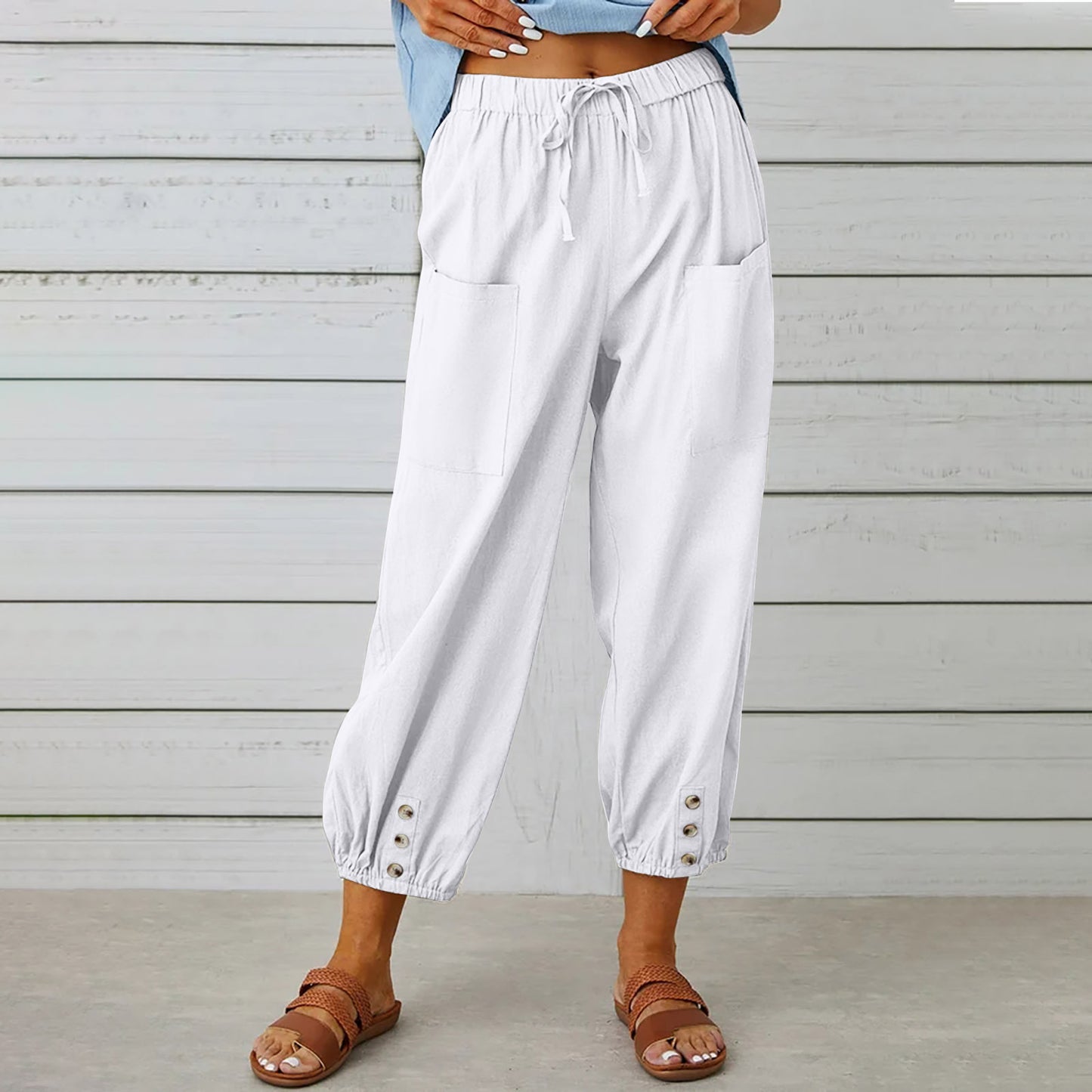 Elegant Women Drawstring Tie Pants Spring Summer Cotton And Linen Trousers White 4XL