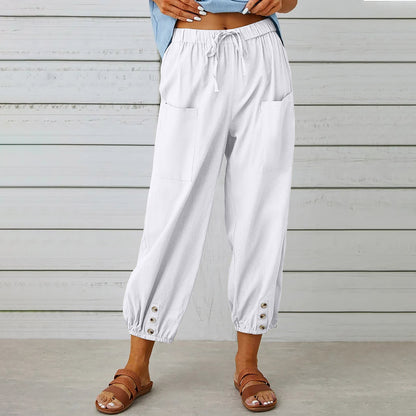 Elegant Women Drawstring Tie Pants Spring Summer Cotton And Linen Trousers White L