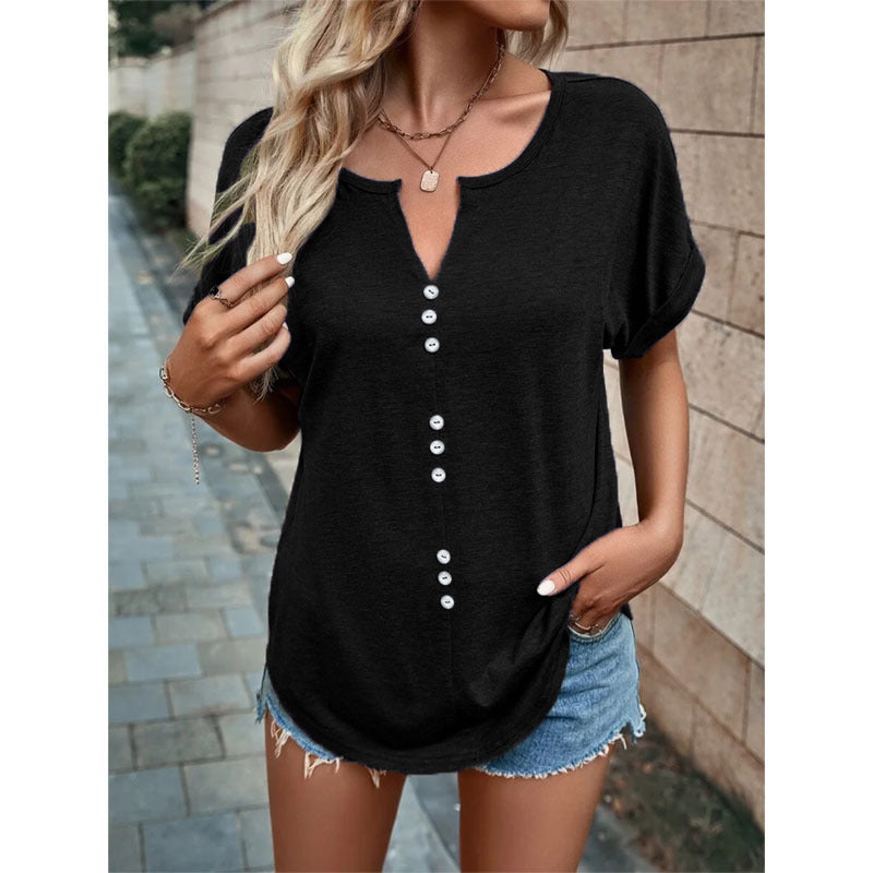 V-neck Short Sleeve Tops Shirt Summer Button Design Blouse Black 4XL