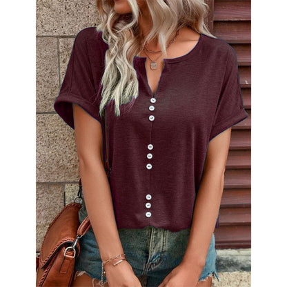 V-neck Short Sleeve Tops Shirt Summer Button Design Blouse Crimson L