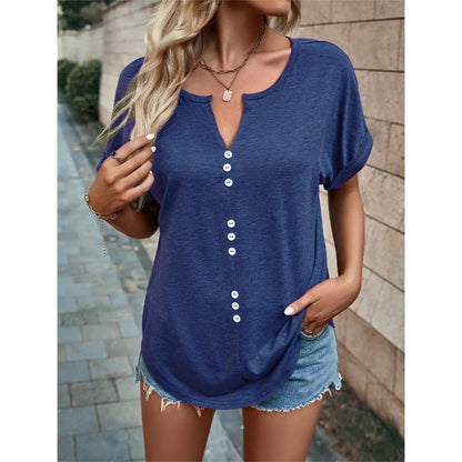 V-neck Short Sleeve Tops Shirt Summer Button Design Blouse Dark blue S