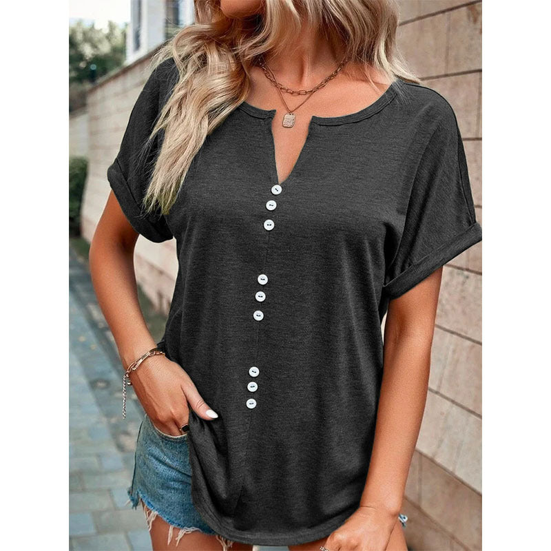 V-neck Short Sleeve Tops Shirt Summer Button Design Blouse Dark gray 4XL