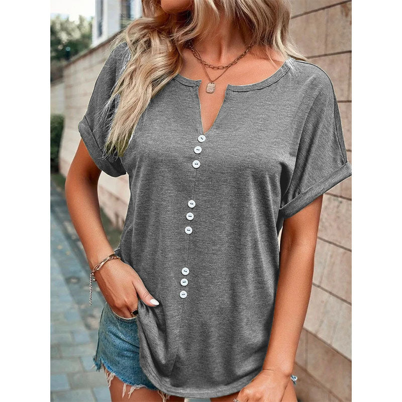 V-neck Short Sleeve Tops Shirt Summer Button Design Blouse Gray 5XL