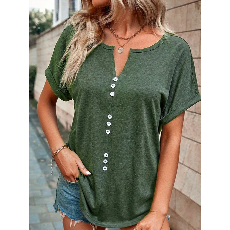 V-neck Short Sleeve Tops Shirt Summer Button Design Blouse Green 5XL