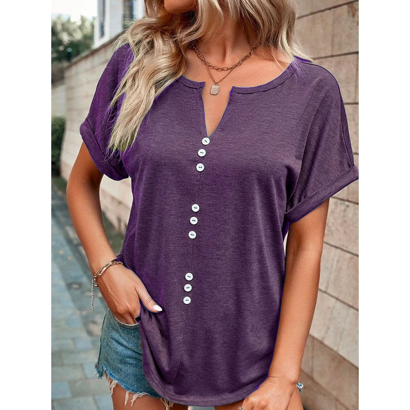 V-neck Short Sleeve Tops Shirt Summer Button Design Blouse Purple 5XL