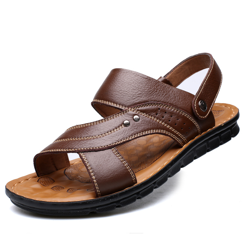 Men Sandals Summer Beach Shoes Adjustable Back Strap Design Slippers Slides Brown Size37