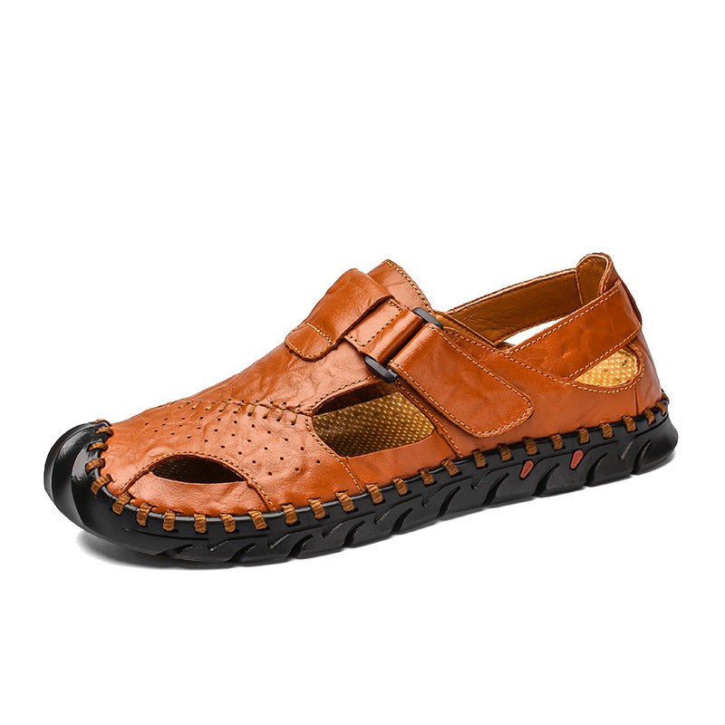 Breathable Large Size Soft Leather Sandals Men's Trendy Sandals Men Yellowish brown 38