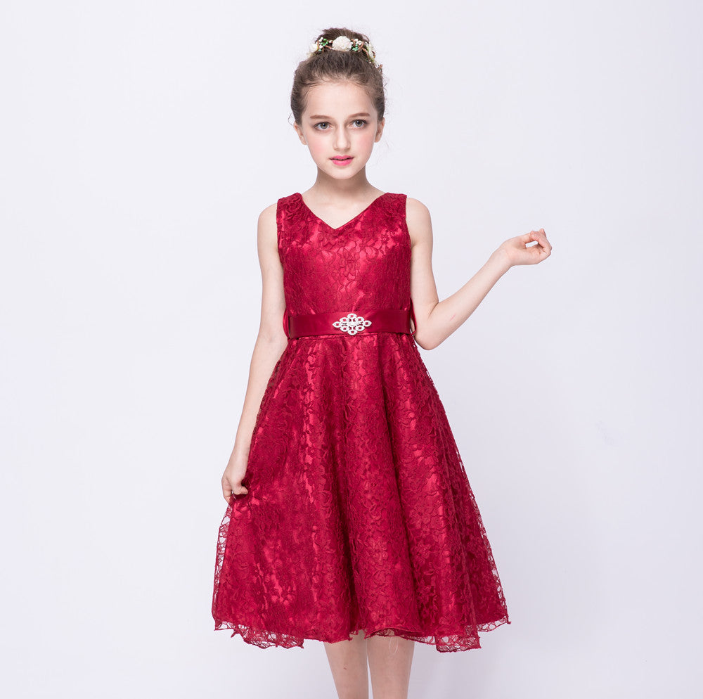 Kids girls dress children Costume Girls Dress Lace Dress Wine Red 100cm