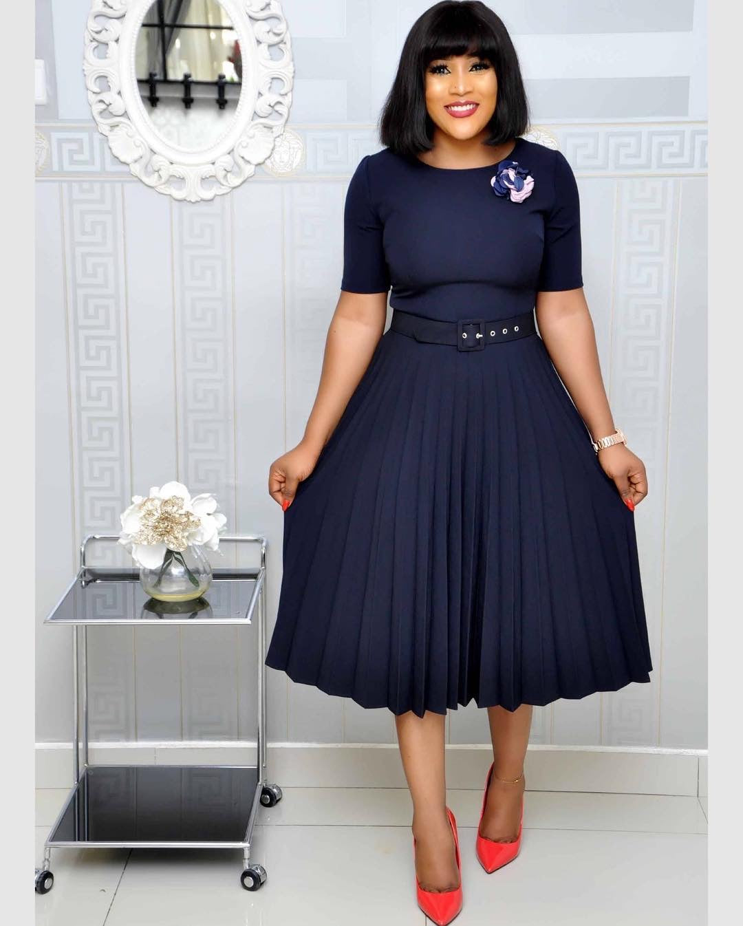 Round Neck Plus Size Mother's Dress Female Pleated Dress Navy Blue 2XL