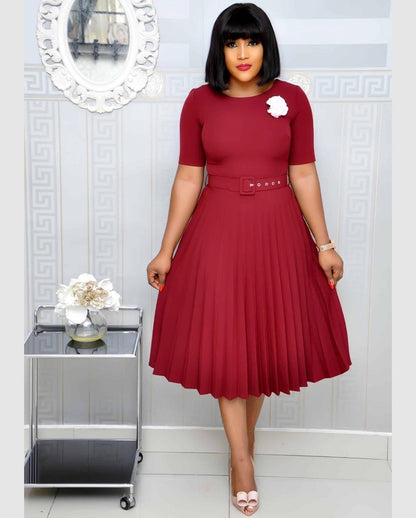 Round Neck Plus Size Mother's Dress Female Pleated Dress Red 2XL