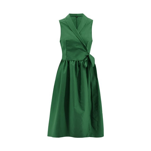 Dies Midi Dress Casual Sleeveless Belt Dress Female New Green M