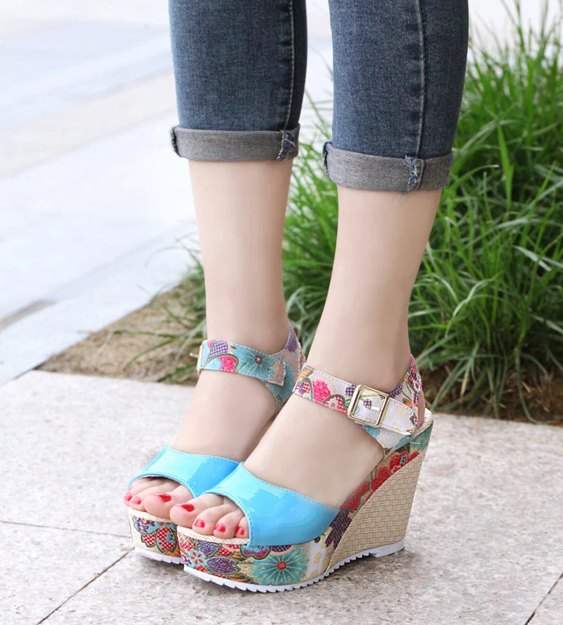 Lovely Women's Floral high heel shoes sandals Blue 35