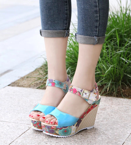 Lovely Women's Floral high heel shoes sandals Blue 36