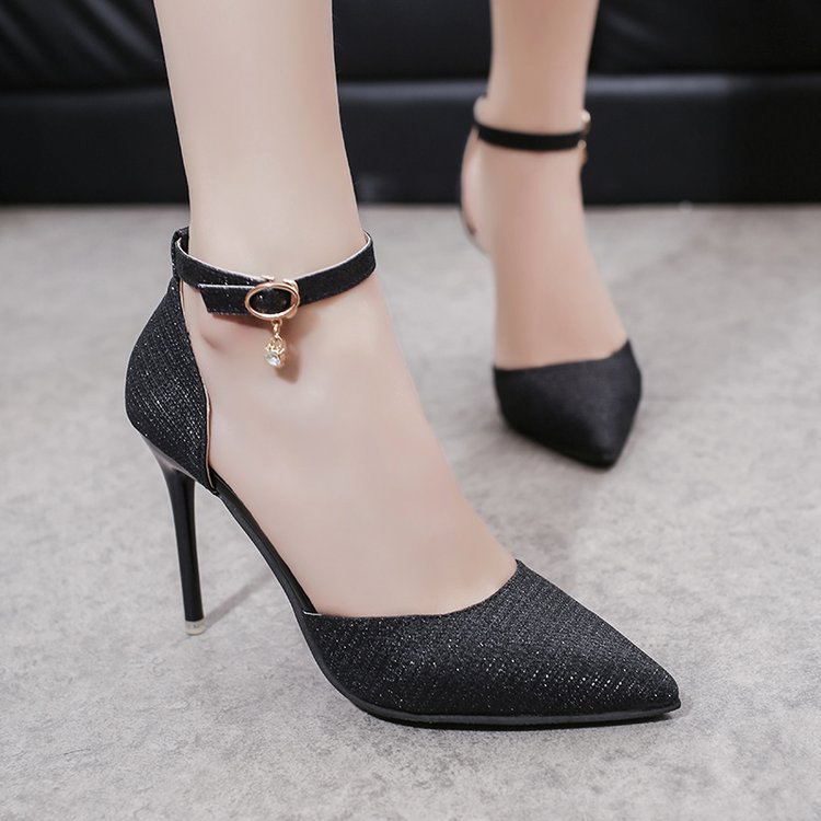 Lovely Women's Beaded Buckle Pointed Heel Sandals Black 34