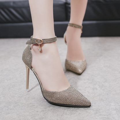 Lovely Women's Beaded Buckle Pointed Heel Sandals Gold 34