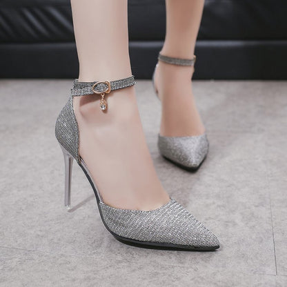 Lovely Women's Beaded Buckle Pointed Heel Sandals Silver 34