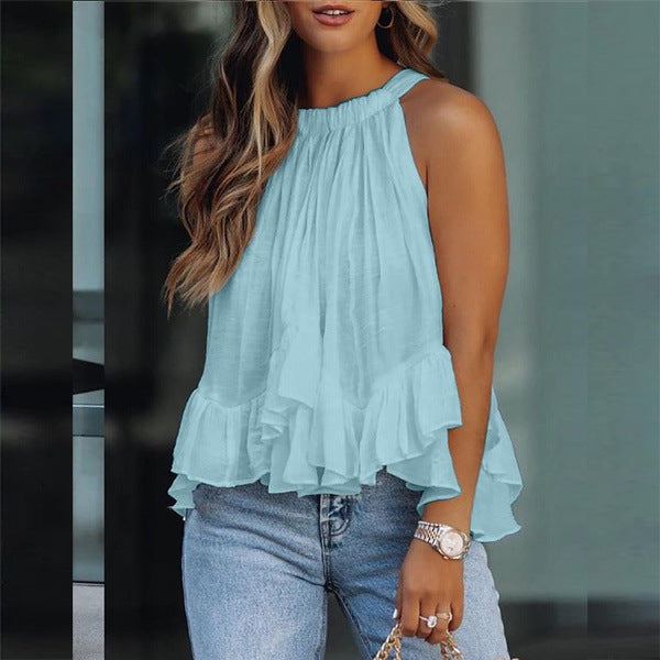 Summer New Style Ruffled Sleeveless Casual Jacket Women Blue 2XL