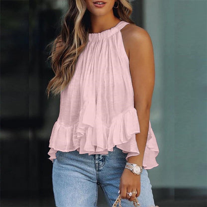 Summer New Style Ruffled Sleeveless Casual Jacket Women Pink XL