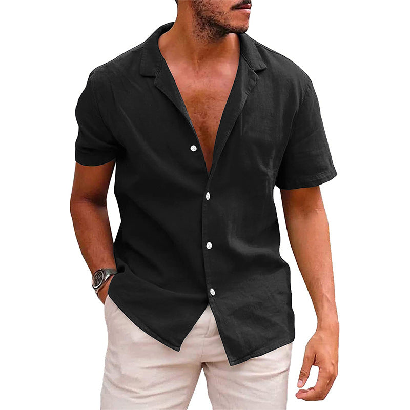 Men's Tops Casual Button Down Shirt Short Sleeve Beach Shirt Summer Black L