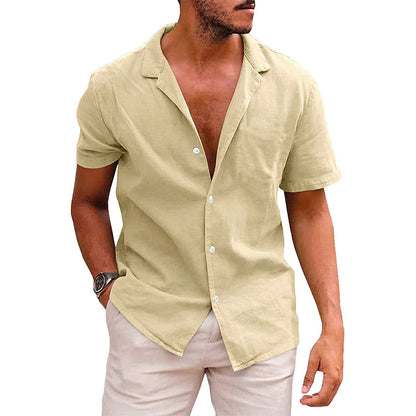 Men's Tops Casual Button Down Shirt Short Sleeve Beach Shirt Summer Khaki L