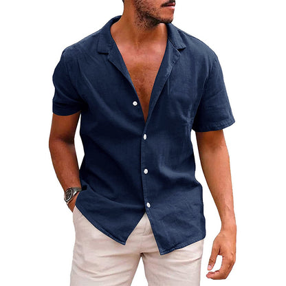 Men's Tops Casual Button Down Shirt Short Sleeve Beach Shirt Summer Navy blue L