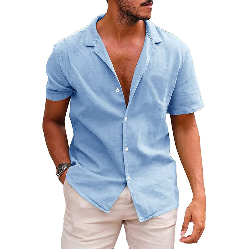 Men's Tops Casual Button Down Shirt Short Sleeve Beach Shirt Summer Sky blue L