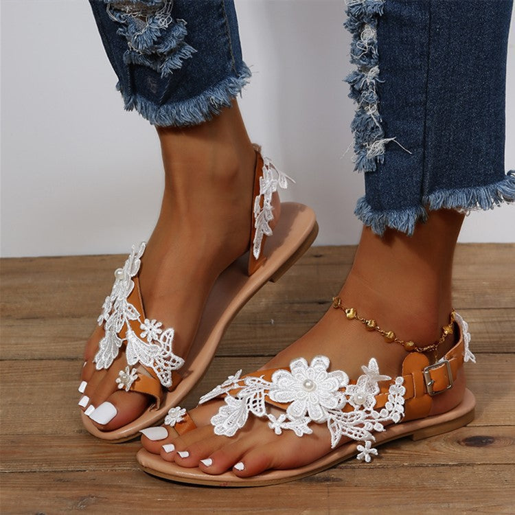 Lovely Women's Lace Sandals Bohemia Beach Shoes Flowers Ankle Strap Flat Shoes Summer White A Size35