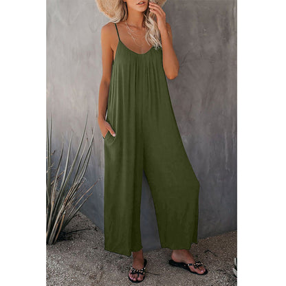 Women's Loose Sleeveless Jumpsuits Romper Jumpsuit With Pockets Long Pant Summer Army green 2XL