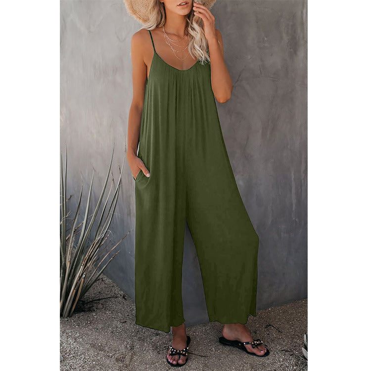 Women's Loose Sleeveless Jumpsuits Romper Jumpsuit With Pockets Long Pant Summer Army green 3XL