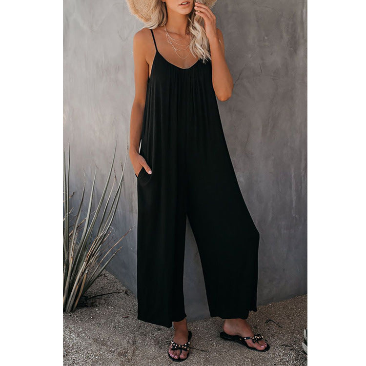 Women's Loose Sleeveless Jumpsuits Romper Jumpsuit With Pockets Long Pant Summer Black 2XL