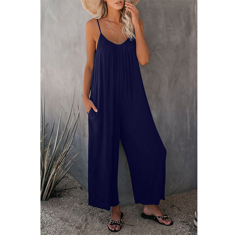 Women's Loose Sleeveless Jumpsuits Romper Jumpsuit With Pockets Long Pant Summer Dark blue 2XL