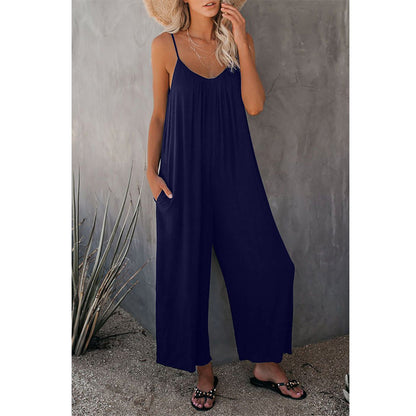 Women's Loose Sleeveless Jumpsuits Romper Jumpsuit With Pockets Long Pant Summer Dark blue S