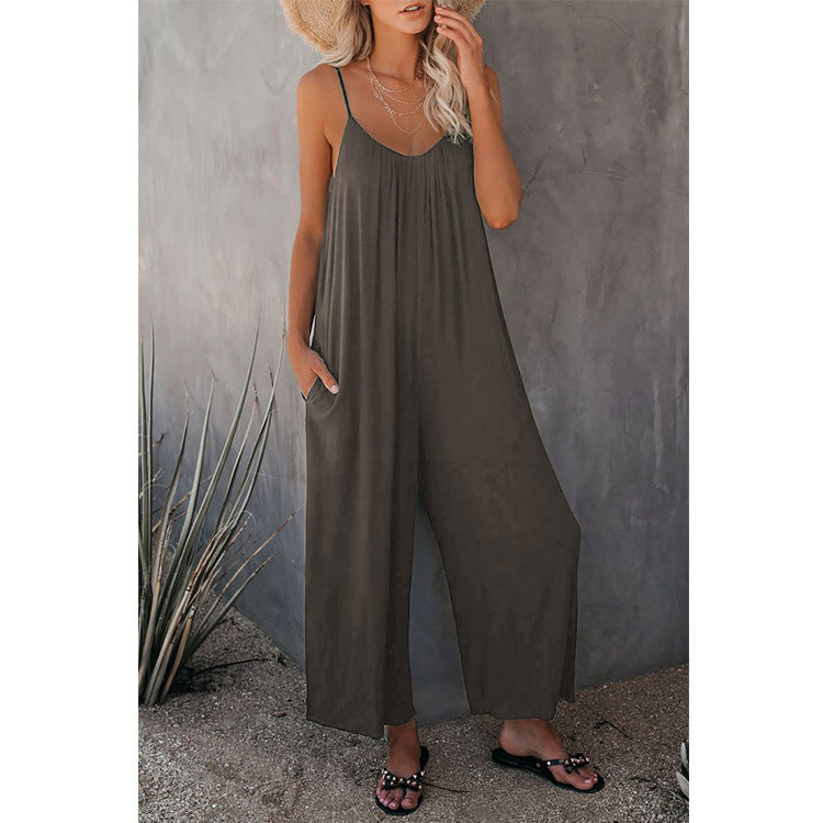 Women's Loose Sleeveless Jumpsuits Romper Jumpsuit With Pockets Long Pant Summer Gray 2XL