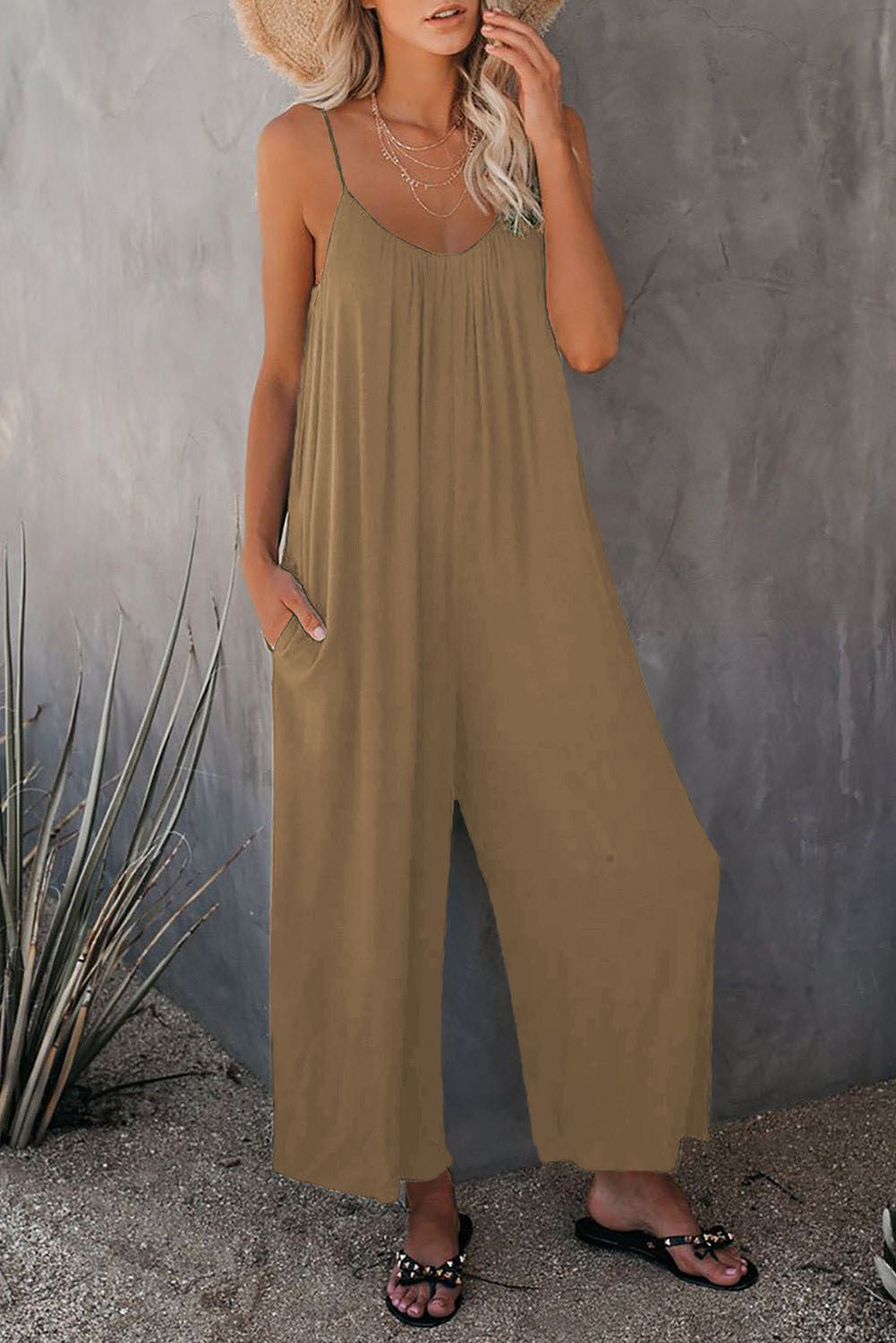 Women's Loose Sleeveless Jumpsuits Romper Jumpsuit With Pockets Long Pant Summer Khaki 2XL