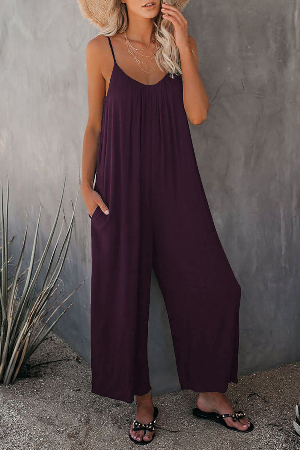 Women's Loose Sleeveless Jumpsuits Romper Jumpsuit With Pockets Long Pant Summer Purple 3XL