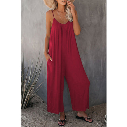 Women's Loose Sleeveless Jumpsuits Romper Jumpsuit With Pockets Long Pant Summer Red 2XL