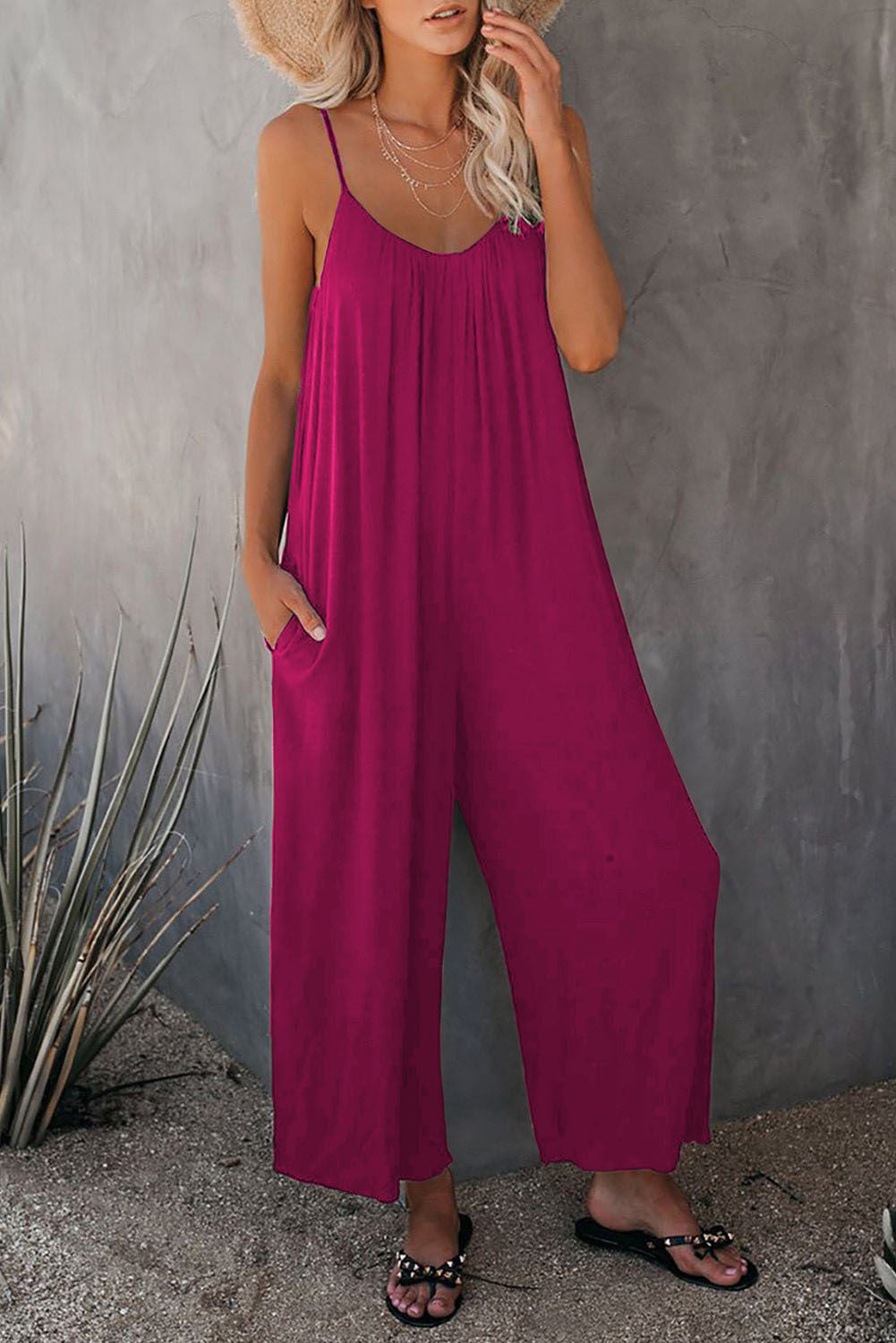 Women's Loose Sleeveless Jumpsuits Romper Jumpsuit With Pockets Long Pant Summer Rose 2XL