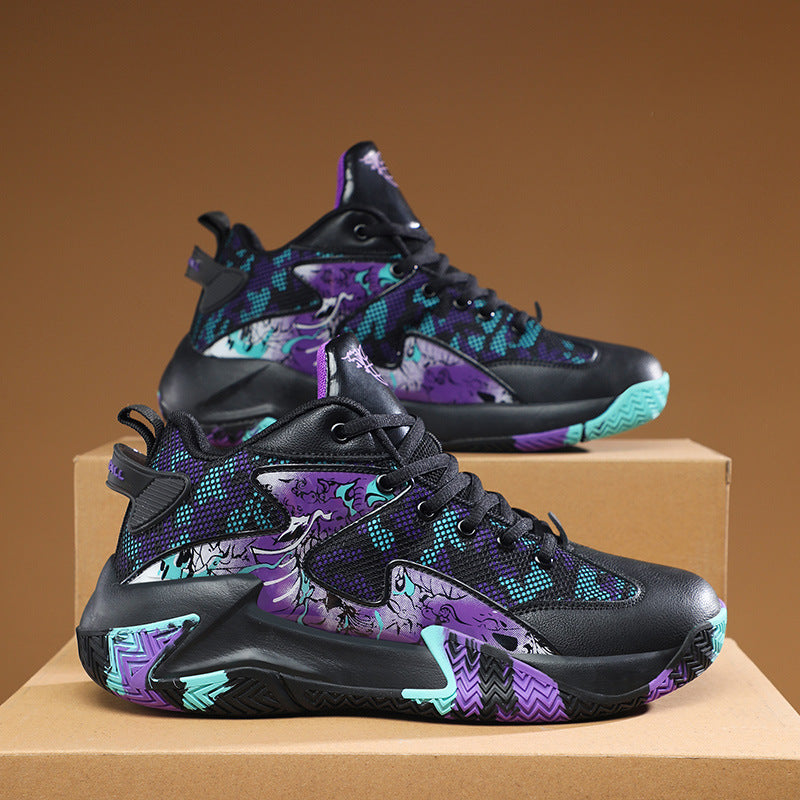 New Basketball Shoe Graffiti Rubber Breathable High Top Comfortable Men Black Purple 36