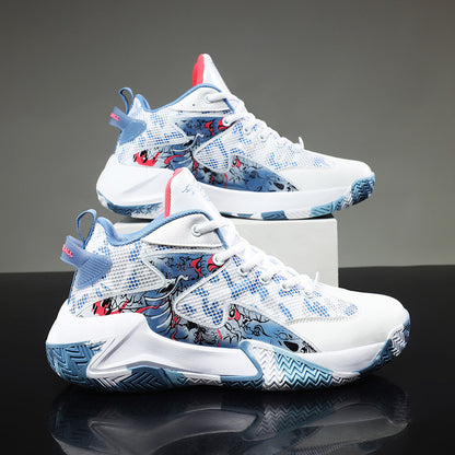 New Basketball Shoe Graffiti Rubber Breathable High Top Comfortable Men White Blue 39