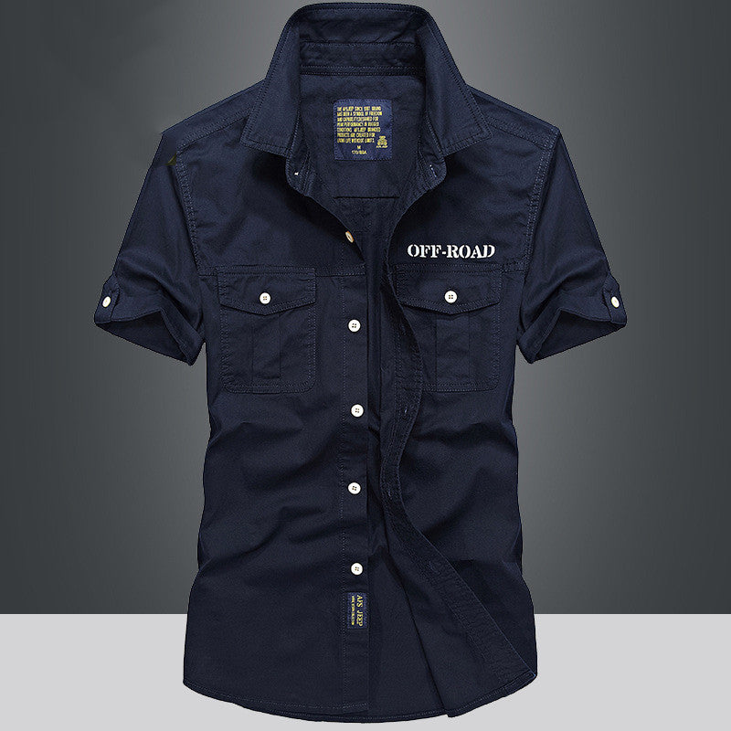 Men's Fashion Loose Cargo Pure Cotton Shirt Dark Blue L