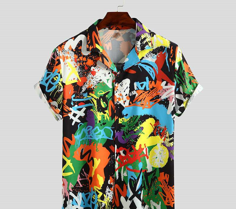 Men's Short Sleeve Printed Shirt Summer Hawaiian Beach Men's Shirt Black 2XL