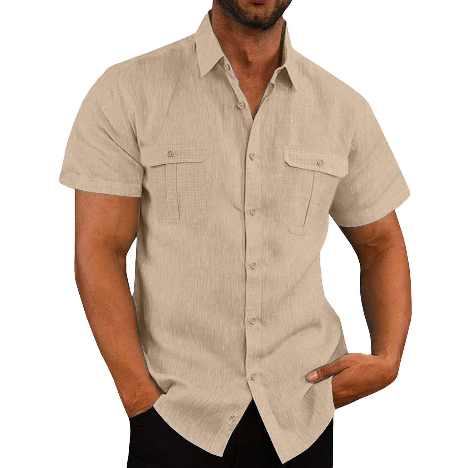 Men's Summer Casual Double Pocket Wide Collar Beach Shirt Summer Apricot L