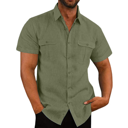 Men's Summer Casual Double Pocket Wide Collar Beach Shirt Summer Army green L