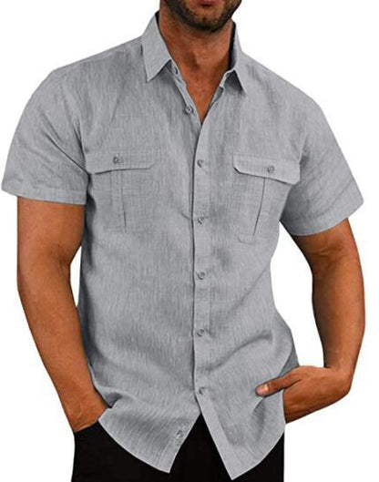 Men's Summer Casual Double Pocket Wide Collar Beach Shirt Summer Gray L